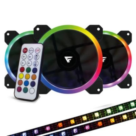 Imagen de Kit Ventiladores Vorago Game Factor FKG400 3 Fans 12mm RGB 2 Tiras Led Control Remoto 